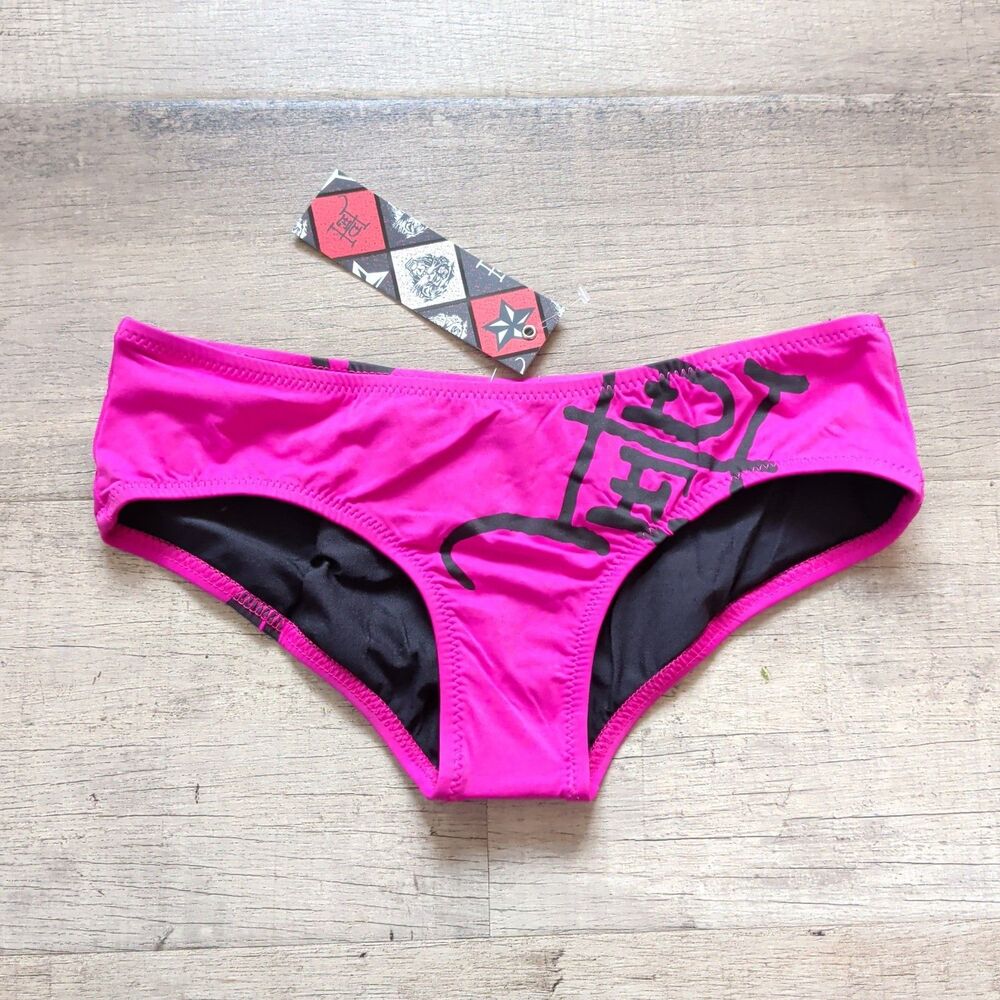 NWT Ed Hardy Swimwear Womens Bikini Bottoms Size Small Pink Tattoo Graphic